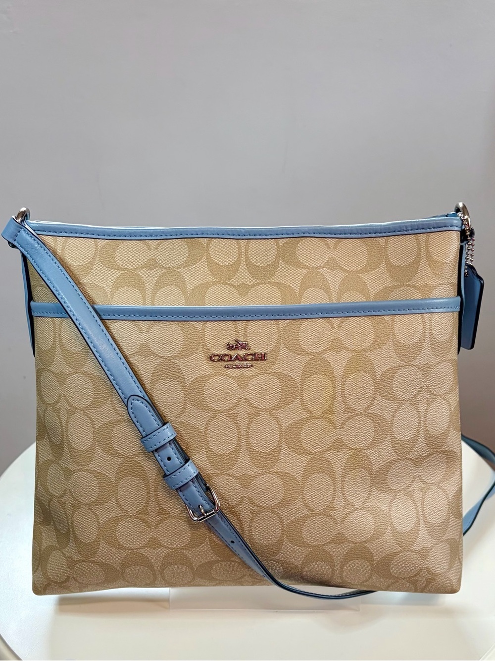 COACH File Crossbody Signature Coated Canvas Khaki Cornflower Blue 2017 
F58297